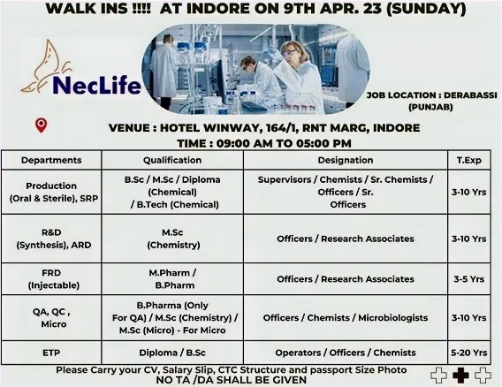 NecLife walk-in interview poster for 9 April 2023, 9 am to 5 pm, at Hotel Winway, Indore, for Derabassi, Punjab roles in production, R&D, FRD, QA, QC, microbiology and ETP