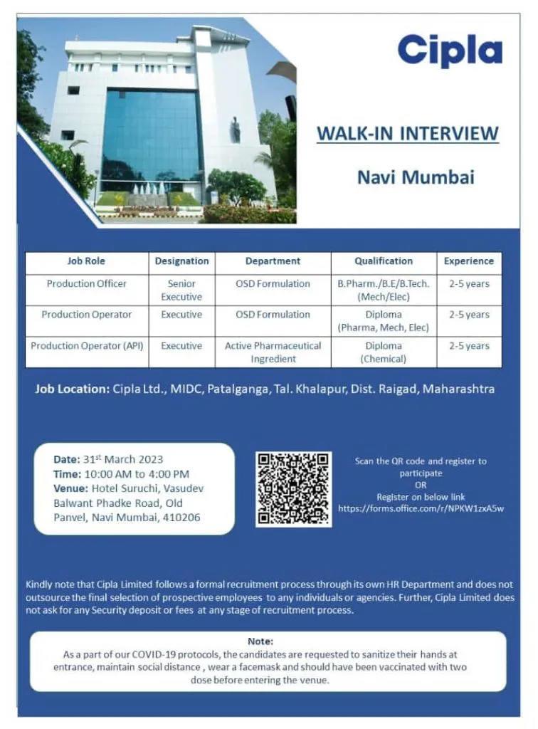 Cipla walk-in interview poster for 31 March 2023 at Hotel Suruchi, Old Panvel, Navi Mumbai, for production officer and production operator roles in OSD formulation and API, with a QR code to register
