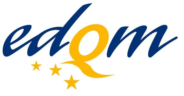 EDQM logo in blue script with a yellow Q and three yellow stars
