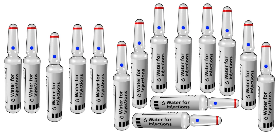 Rows of 2 ml glass ampoules labelled Water for Injections, with red rings and blue dots on their necks