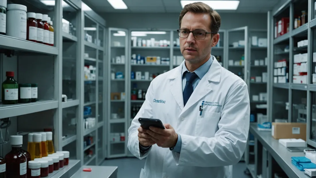 Man in a white lab coat holding a phone in a storeroom lined with shelves of chemical bottles and medicine boxes