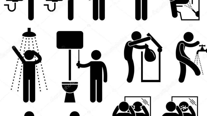 Stick figure icons of personal hygiene habits, including hand washing, showering, flushing the toilet and brushing teeth