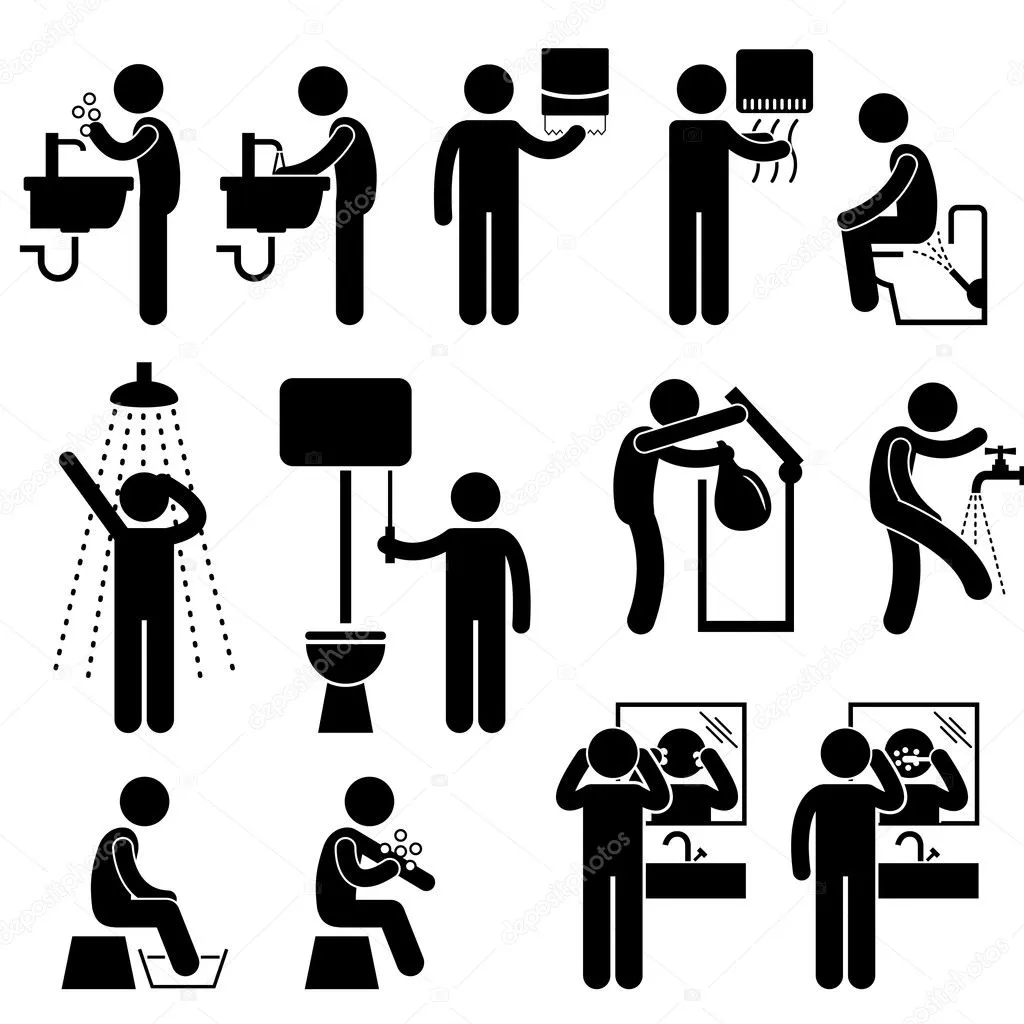 Stick figure icons showing hand washing, drying hands with a towel or dryer, using and flushing the toilet, showering, putting out rubbish, washing feet and brushing teeth