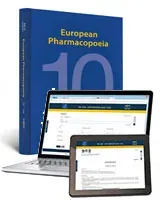 European Pharmacopoeia 10th Edition book with a laptop and tablet showing the online version
