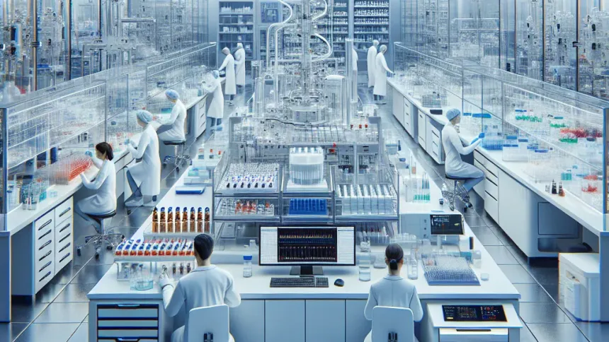 Laboratory staff in white coats and caps working at benches with sample vials, glassware and computers in a large laboratory