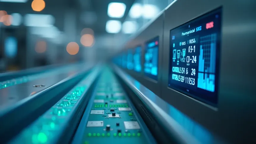 Capsules on a packaging line beside wall-mounted screens showing production data