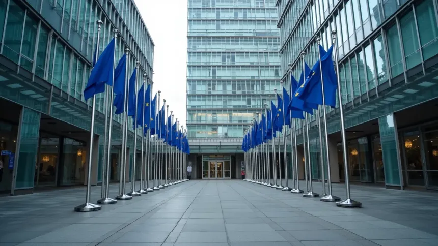 European Union flags lining the courtyard of a glass office building