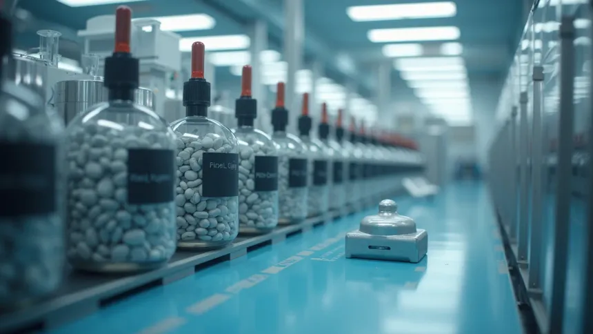 Row of labelled glass jars filled with white tablets along a bench in a bright production hall
