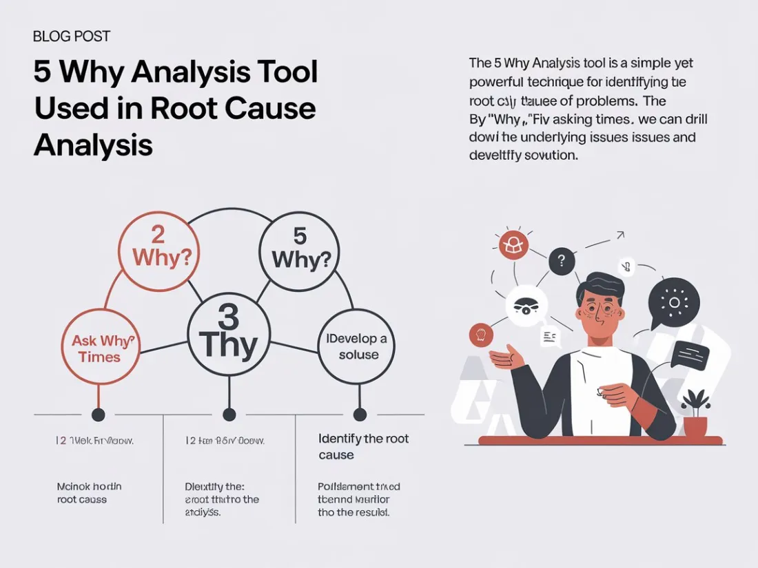 Infographic titled 5 Why Analysis Tool Used in Root Cause Analysis, with linked Why circles and a cartoon man surrounded by question icons