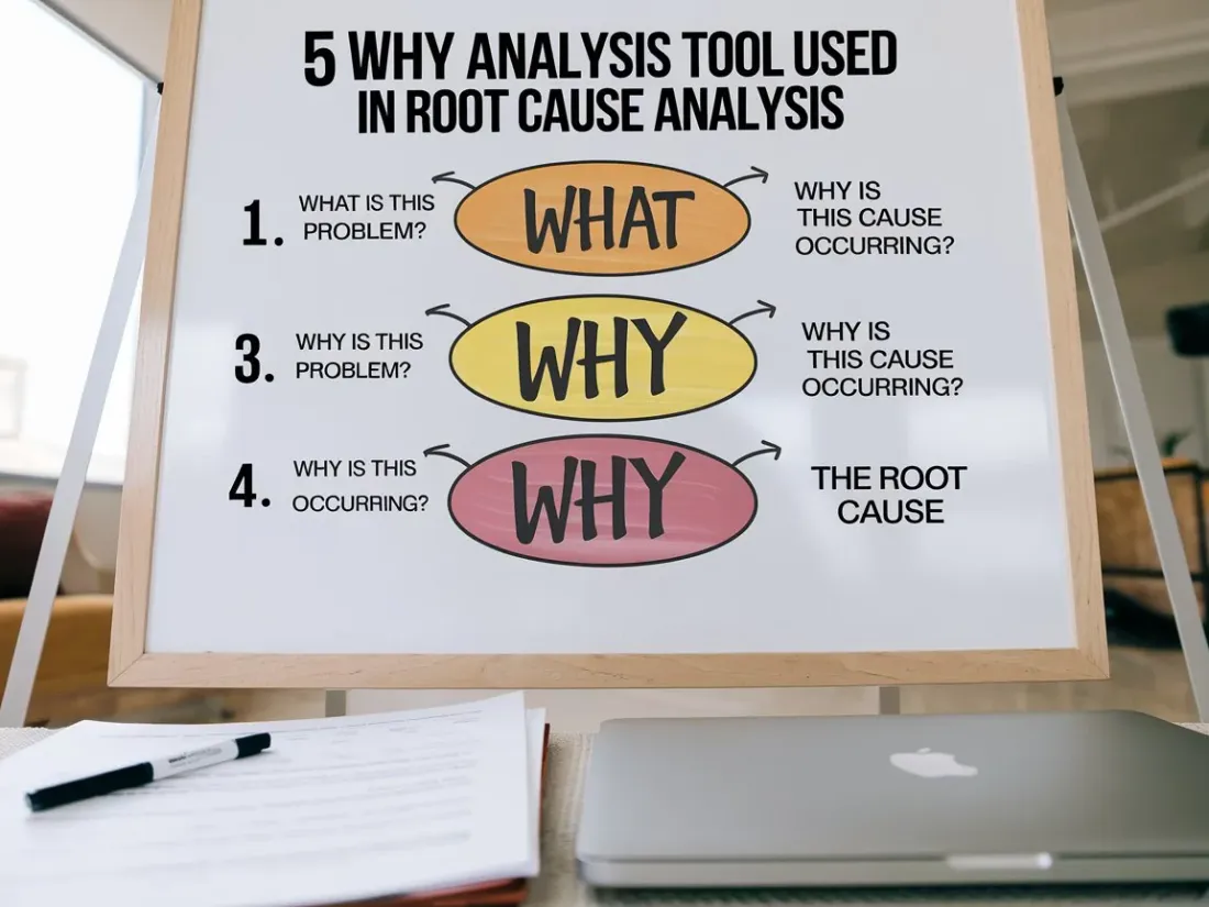 Whiteboard on an easel titled 5 Why Analysis Tool Used in Root Cause Analysis, with a What oval and two Why ovals leading to the root cause, above papers, a pen and a laptop