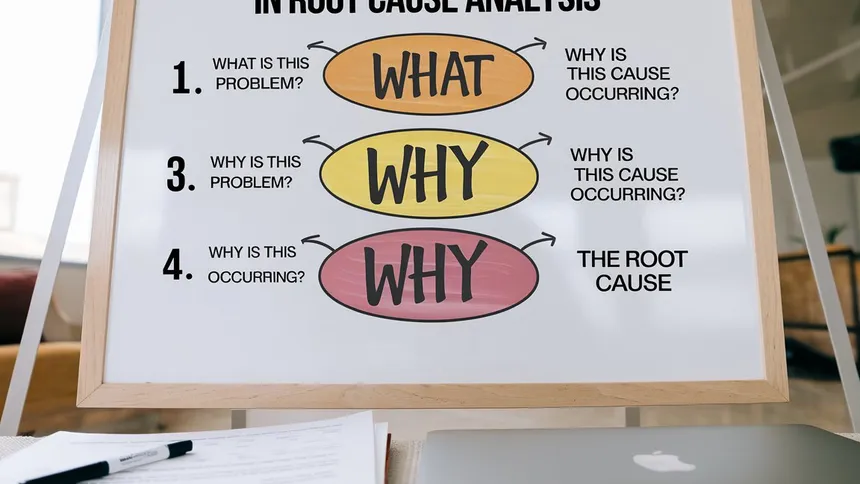 Whiteboard on an easel titled 5 Why Analysis Tool Used in Root Cause Analysis, with What and Why ovals leading to the root cause