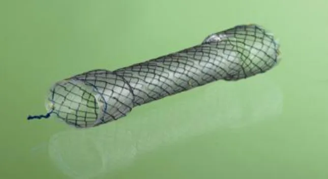 Tubular wire mesh stent with flared ends and a covering membrane, lying on a green surface