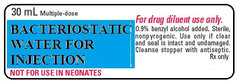 Label for 30 mL multiple-dose Bacteriostatic Water for Injection, for drug diluent use only, with 0.9% benzyl alcohol added and a warning not for use in neonates