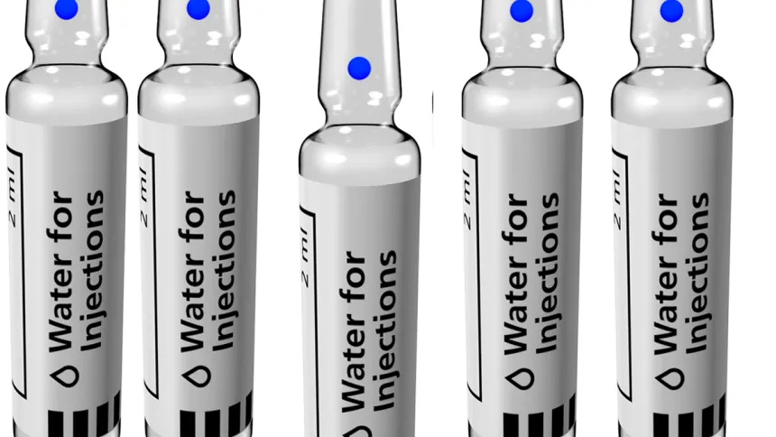 Five 2 ml glass ampoules labelled Water for Injections, each with a red band near the tip