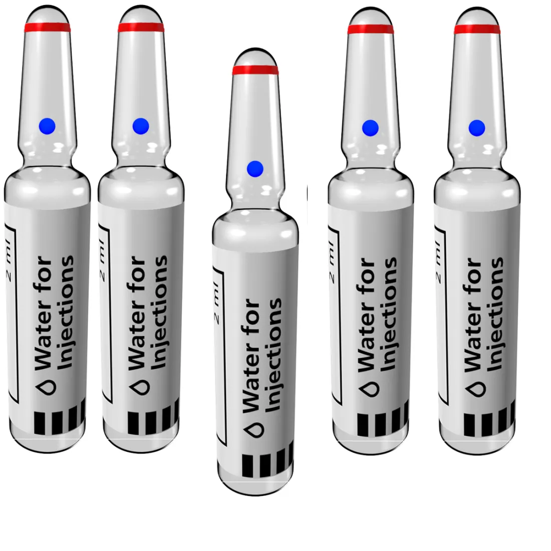 Five 2 ml glass ampoules labelled Water for Injections, each with a red band near the tip and a blue dot on the neck