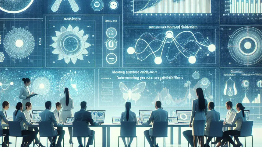 Professionals working at laptops along a long table beneath a large wall display of charts and graphs