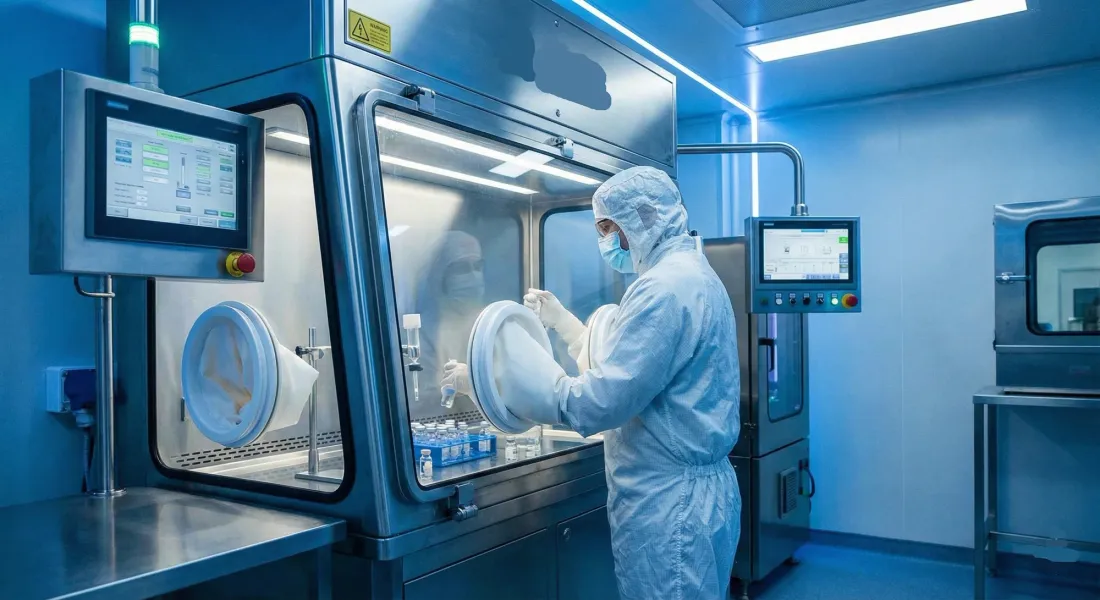 Pharmaceutical operator working with gloved isolator ports in a sterile manufacturing facility