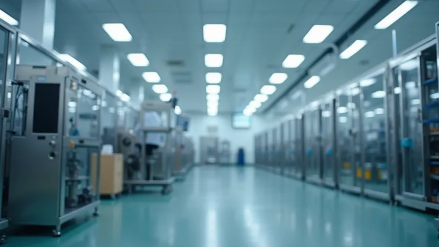 Corridor of a pharmaceutical production area lined with enclosed machinery behind glass panels