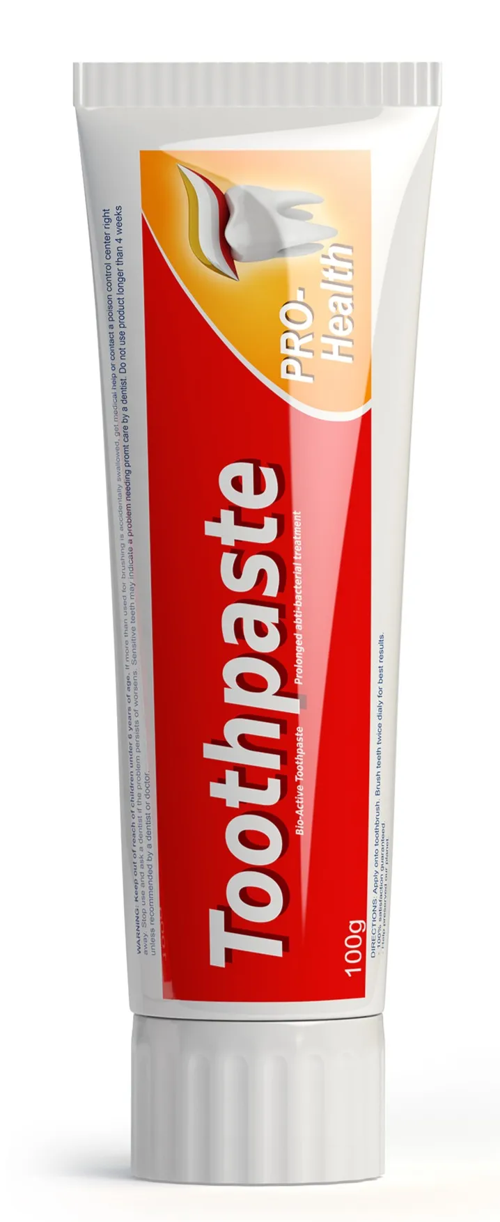 White and red 100 g toothpaste tube standing upright on its cap against a white background