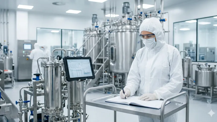 Operator in a full cleanroom gown writing in a logbook beside stainless steel vessels and a tablet showing test results