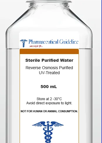 500 mL bottle labelled Sterile Purified Water, reverse osmosis purified and UV-treated, with the Pharmaceutical Guideline logo