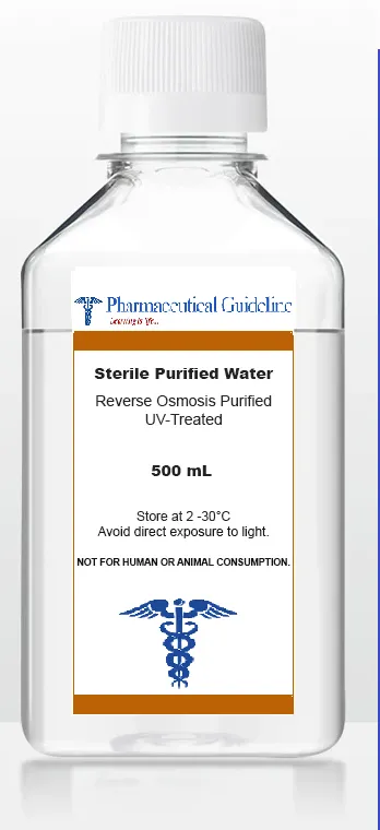 500 mL bottle labelled Sterile Purified Water, reverse osmosis purified and UV-treated, store at 2 to 30 °C, not for human or animal consumption, with the Pharmaceutical Guideline logo