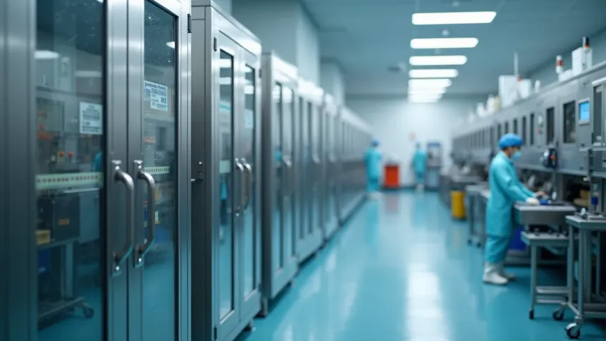 Production corridor with glass-fronted stainless steel cabinets on one side and a gowned operator working at machinery on the other