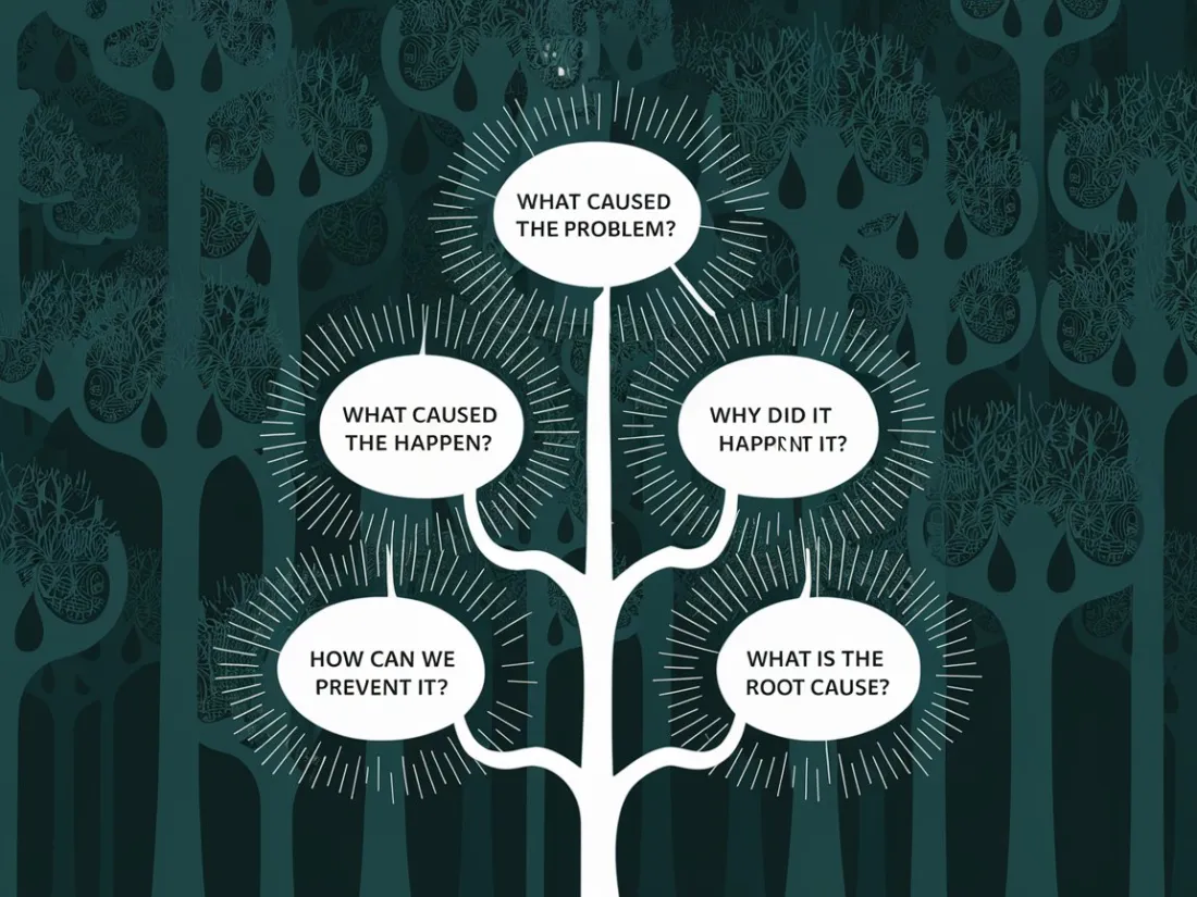 Tree diagram branching into root cause questions, including what caused the problem, what is the root cause and how can we prevent it, on a dark green background