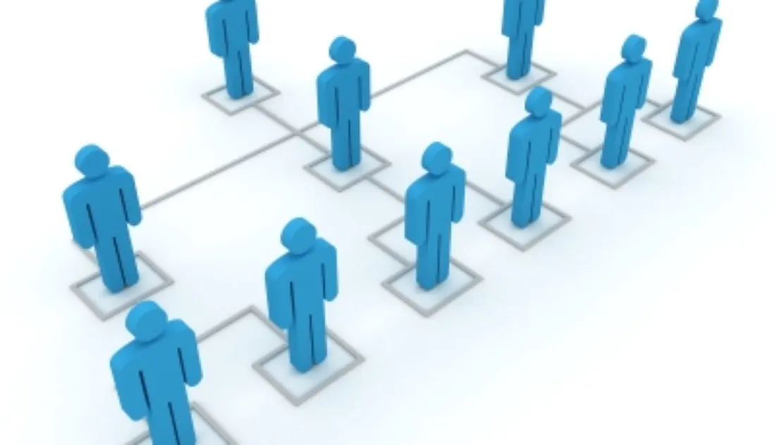 Blue human figures standing on squares joined by lines like an organisation chart