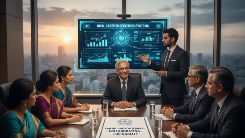 Man presenting charts on a wall screen to six colleagues seated at a boardroom table overlooking a city skyline