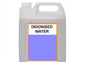 Plastic jerrycan with a blue and orange label reading Deionised Water
