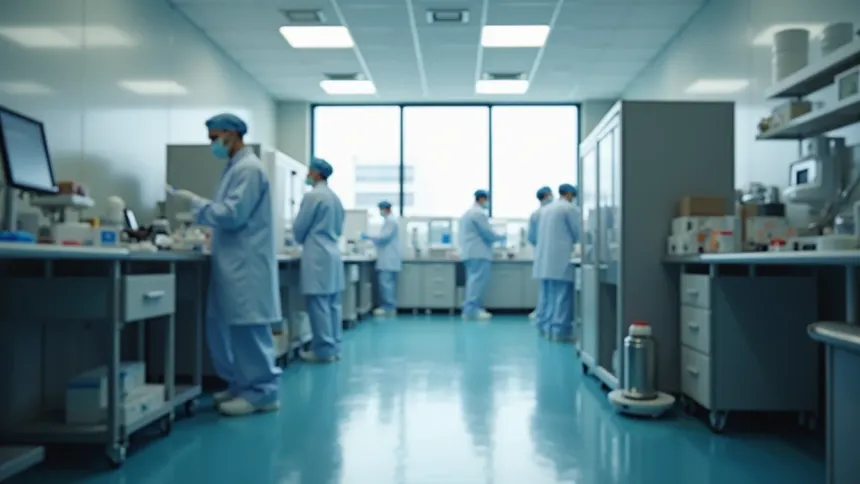 Laboratory staff in gowns, caps and masks working at benches in a quality control laboratory
