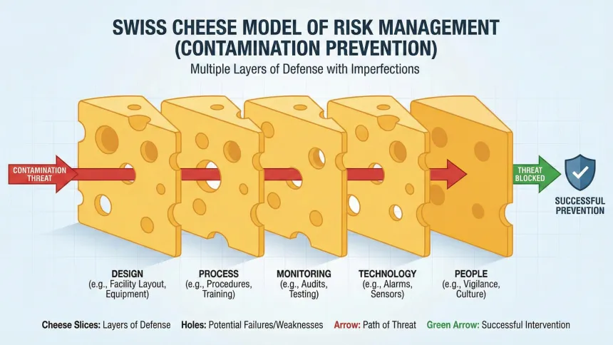Swiss cheese model with design, process, monitoring, technology and people layers stopping a contamination threat