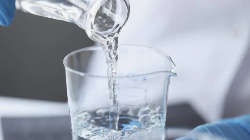 Gloved hand pouring clear water from a glass flask into a laboratory beaker