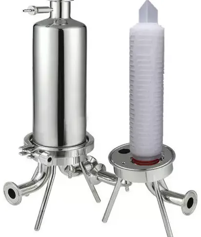 Stainless steel filter housing beside an open housing showing a white pleated filter cartridge