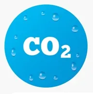 CO2 symbol in white on a blue circle dotted with water droplets