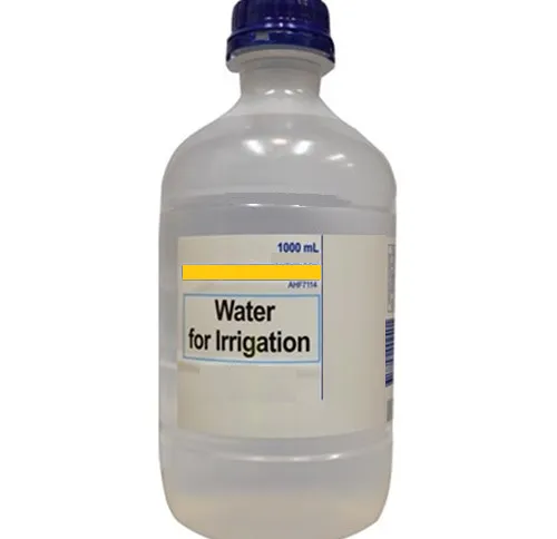 1000 mL plastic bottle of Water for Irrigation with a blue screw cap