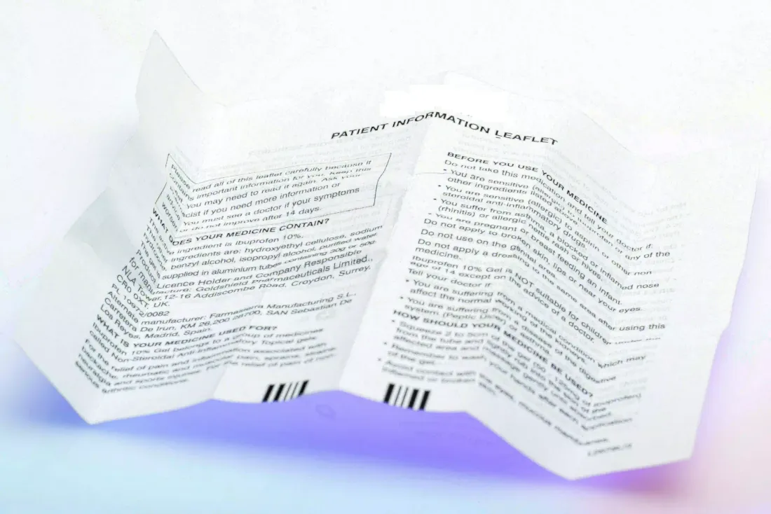 Folded patient information leaflet for ibuprofen 10% gel, with sections on what the medicine contains, what it is used for, what to check before use and how to use it