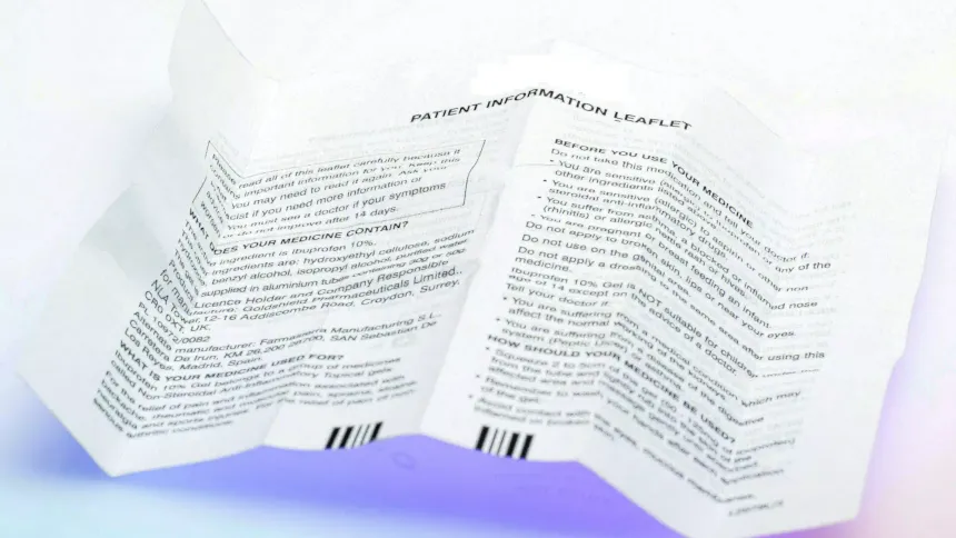 Folded patient information leaflet for ibuprofen 10% gel with sections on contents, uses and checks before use