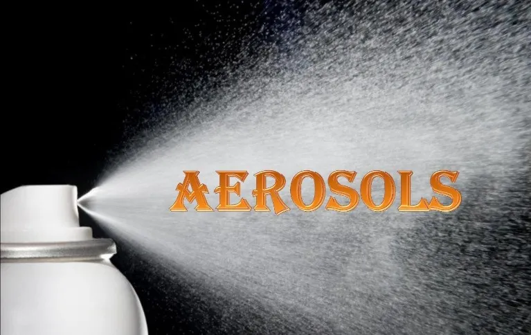 Fine mist spraying from a white aerosol can against a black background, with the word Aerosols in orange