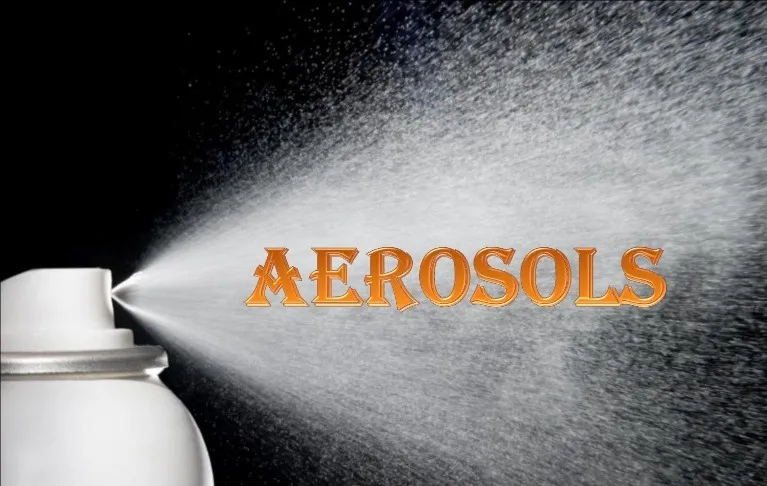 Fine mist spraying from a white aerosol can against a black background, with the word Aerosols in orange