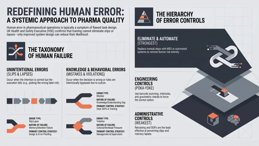 Infographic showing a systemic approach to reducing human error in pharmaceutical operations